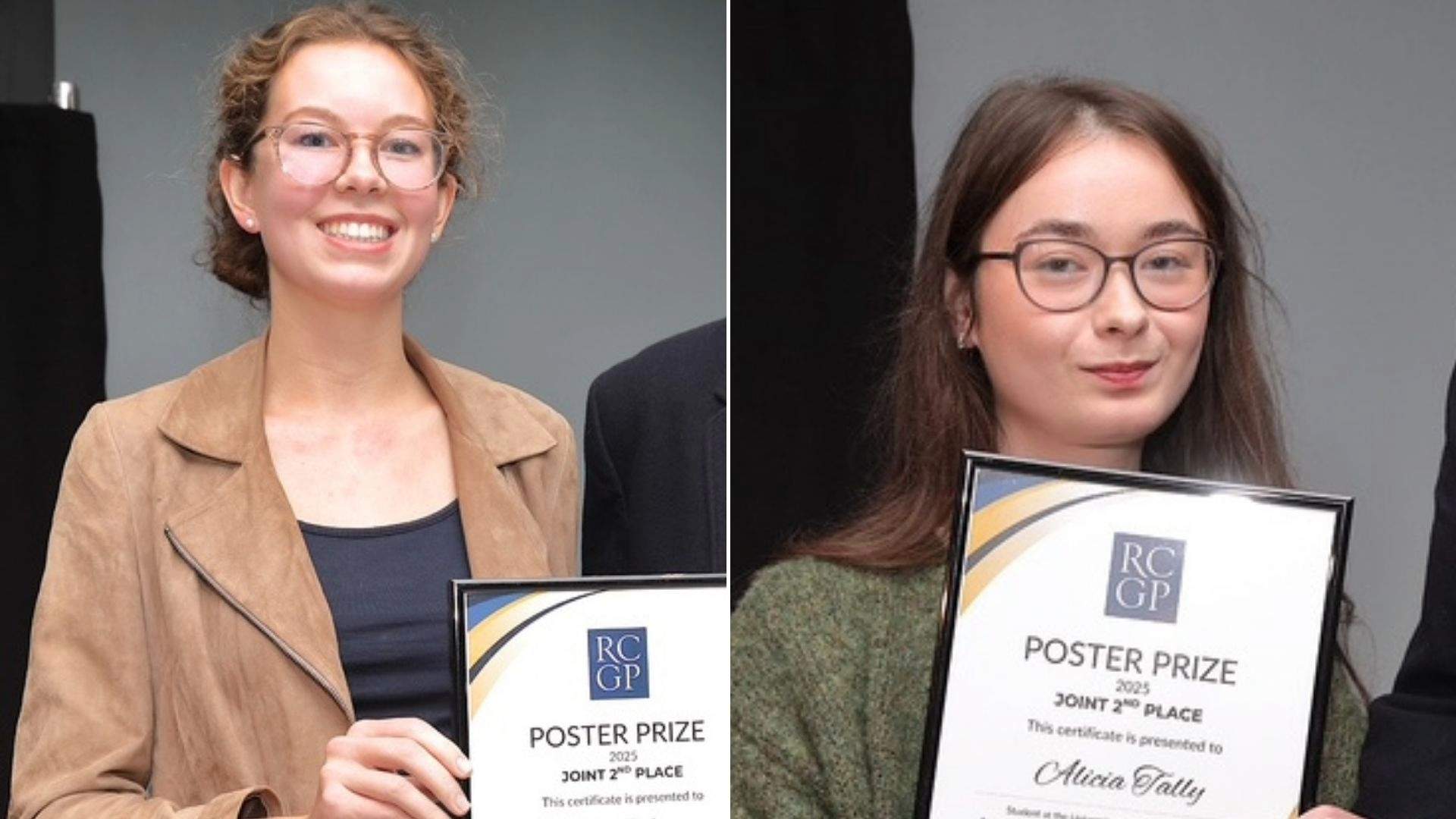Two students holding their Joint 2nd Place RCGP Mersey Faculty Poster Prize certificates.