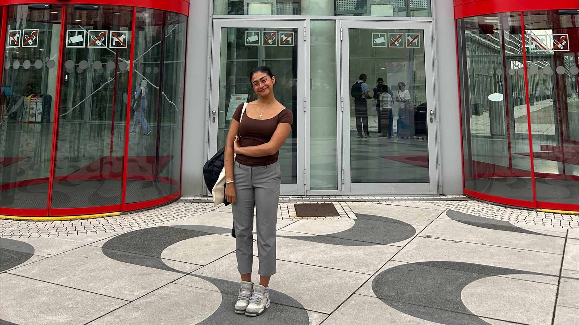 Women at entrance to conference centre