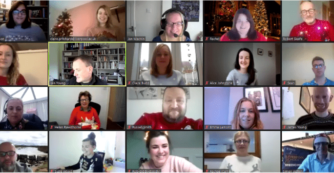 School of Medicine staff on Zoom call wearing Christmas jumpers