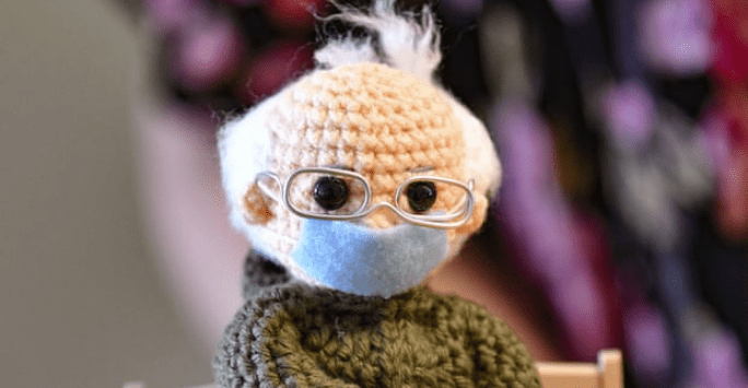 Crocheted doll of Bernie Sanders