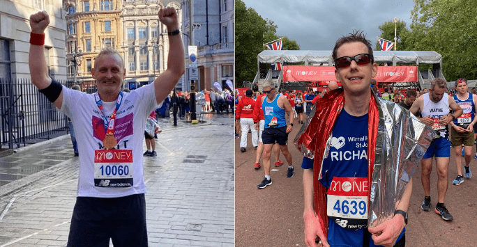 two men celebrate dressed in marathon running gear