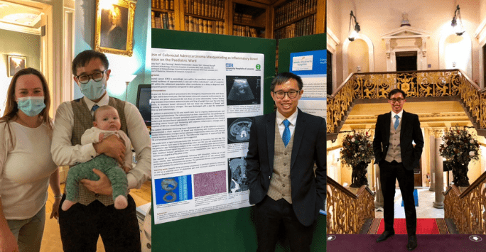 collage of photos: student with doctor and baby, student in front of scientific poster, student on grand staircase