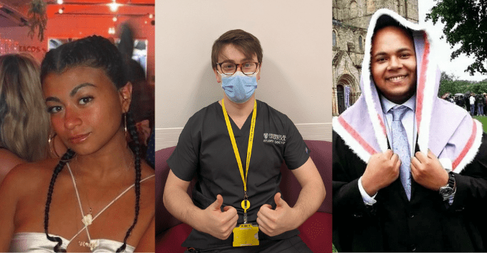 collage of 3 students, one in a restaurant setting, one in scrubs wearing a mask, another wearing graduation attire