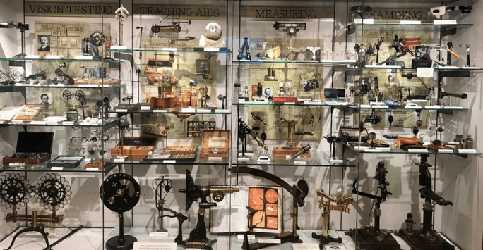historic ophthalmic equipment on display at a museum