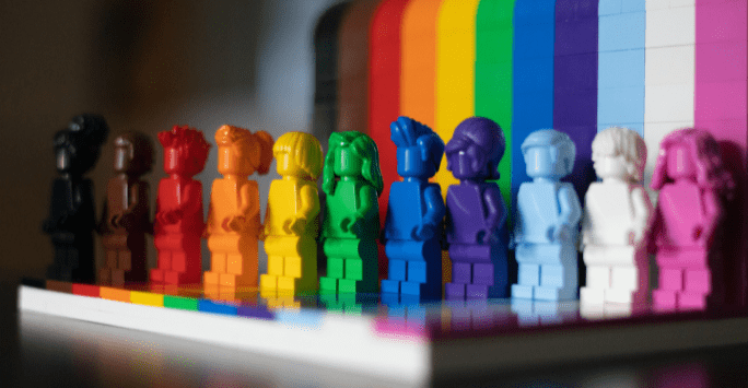 close up of lego figures in pride colours
