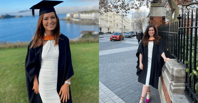 two women dressed in graduation caps and gowns