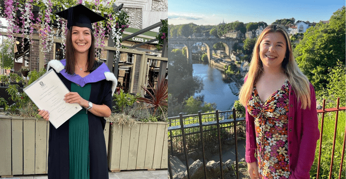 a graduate in cap and gown with certificate, a woman on a bridge with a backdrop of a river and greenery