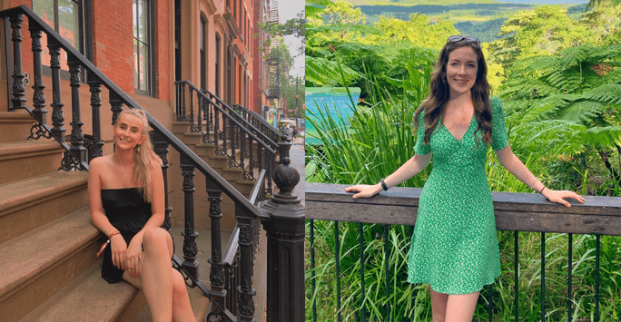 a woman on a typical New York doorstep, a woman with a tropical green background