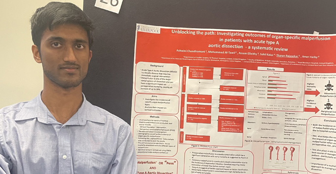 Student Doctor standing by his poster presentation
