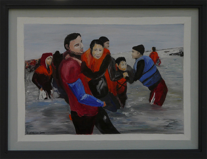 Arrival on the Island of Lesbos, summer 2016. Oil on board 45 x60 cmn Arrival on the Island of Lesbos, summer 2016. Oil on board 45 x60 cmn