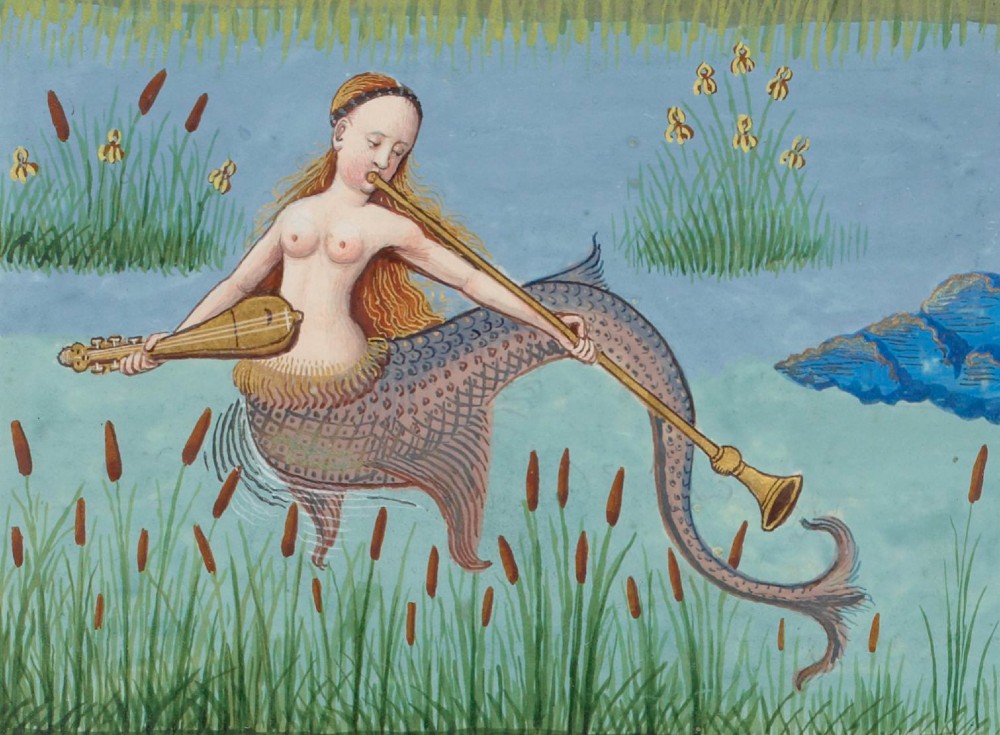 Detail of a Mermaid making music in La Bibliothèque nationale de France, MS français 143, f. 130v.