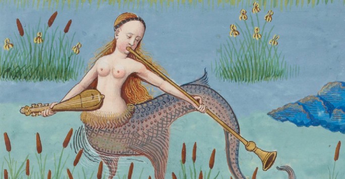 Detail of a Mermaid making music in La Bibliothèque nationale de France, MS français 143, f. 130v.