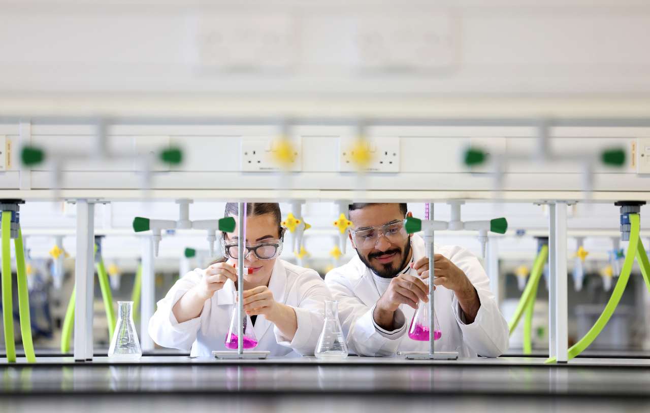 Students work with chemicals in the Central Teaching Labs