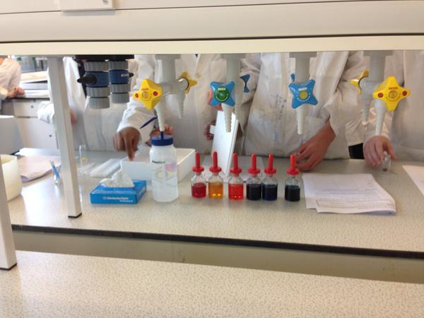 Year nine students taking part in an experiment involving spectroscopy bottles.