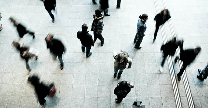 People in a court building running around.