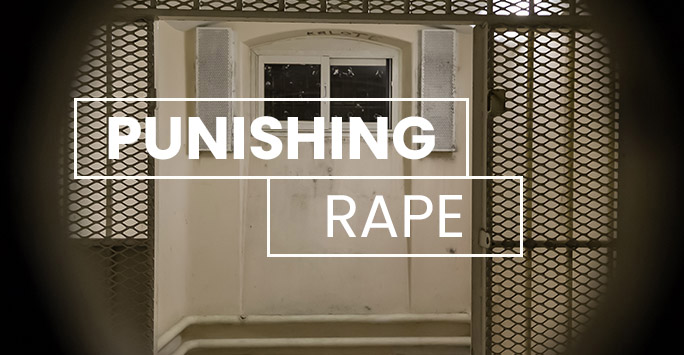 Long Reads - Punishing Rape - image of a prison cell door with white text overlaid that reads 'Punishing Rape'
