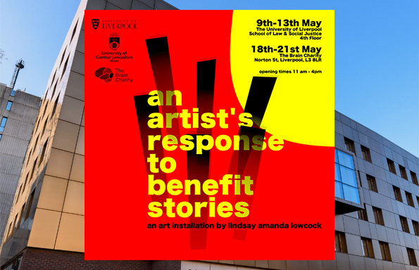 slsj building with the poster for the artists response to benefits stories exhibition