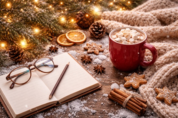 A red mug of hot chocolate sits on a wooden table beside an open notebook, glasses and a pencil, surrounded by a knitted blanket, gingerbread biscuits and soft festive lights.