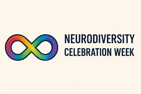 A rainbow coloured infinity symbol representing neurodiversity, shown beside the text Neurodiversity Celebration Week on a light background.