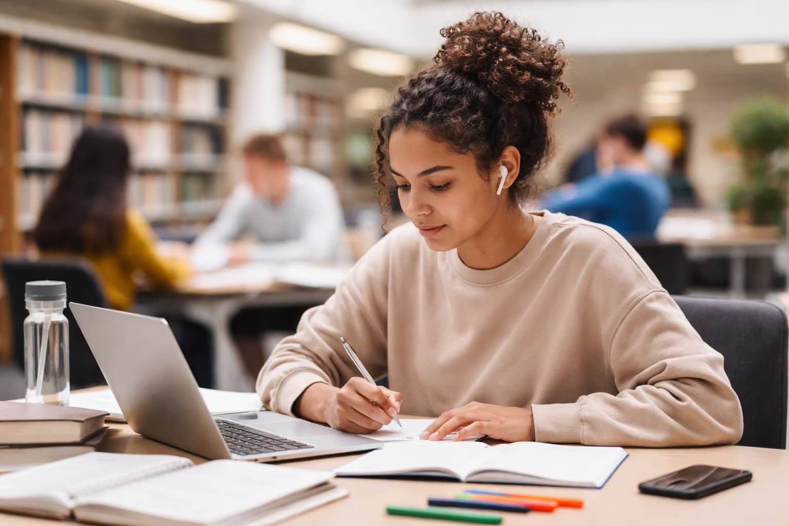 A student studying at a desk in a university library, writing in a notebook beside a laptop, with other students working in the background. Made with AI.