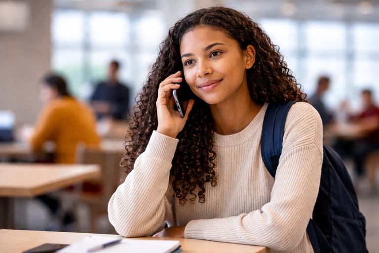 Student sitting in a university study space, speaking on a mobile phone. Made by AI
