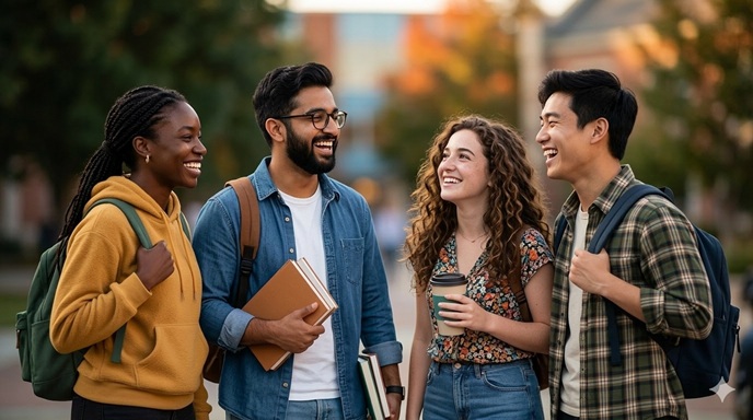 An image of four students chatting outdoors.