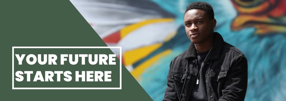 Student with graffiti background with overlaid text 'your future starts here'