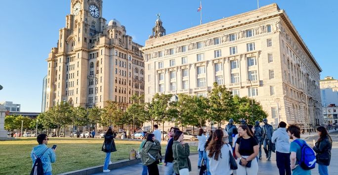 Students outside Royal Liver Building