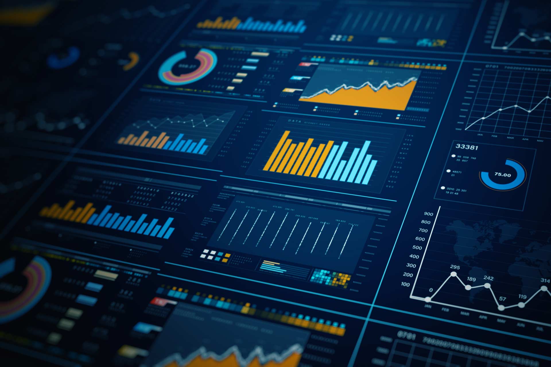 Data analytics dashboard display showing a range of charts and graphs.