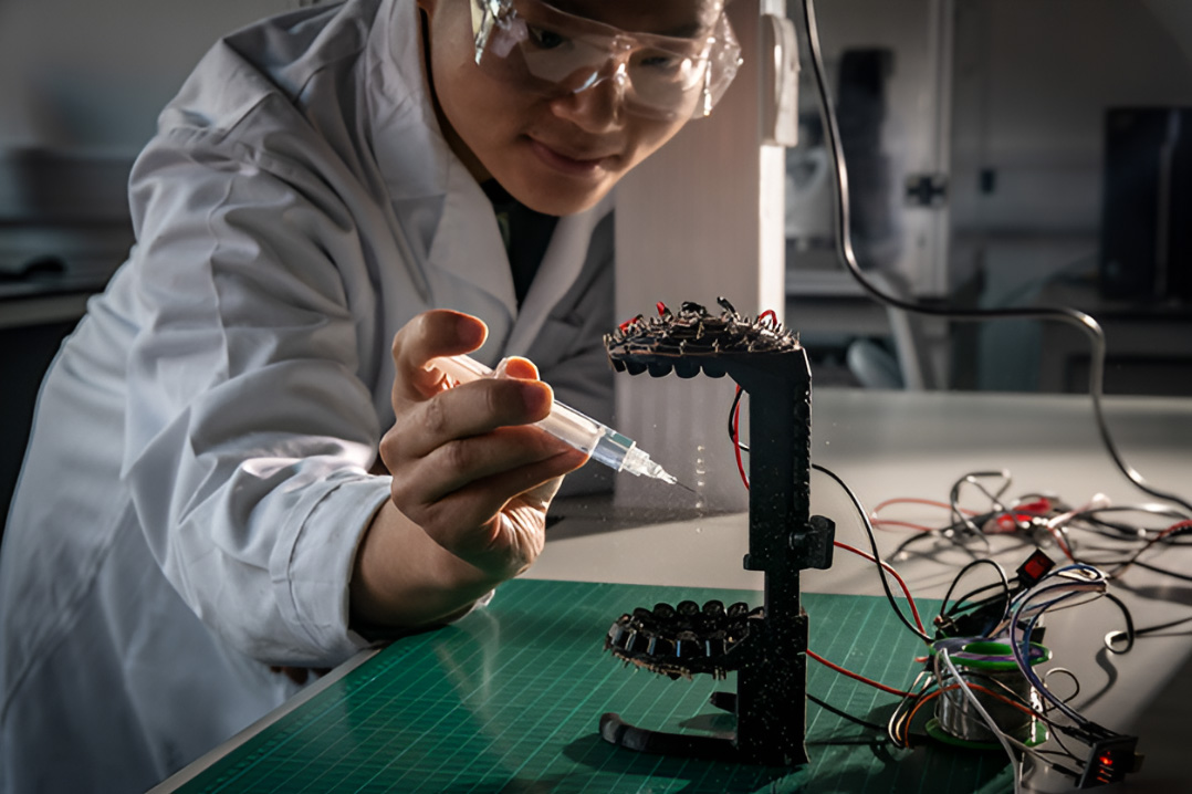 A student, wearing protective goggles and lab coat, working in a laboratory.
