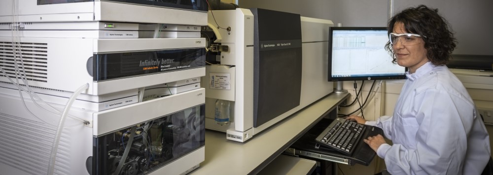 Student working in a lab in front of computer and equipment