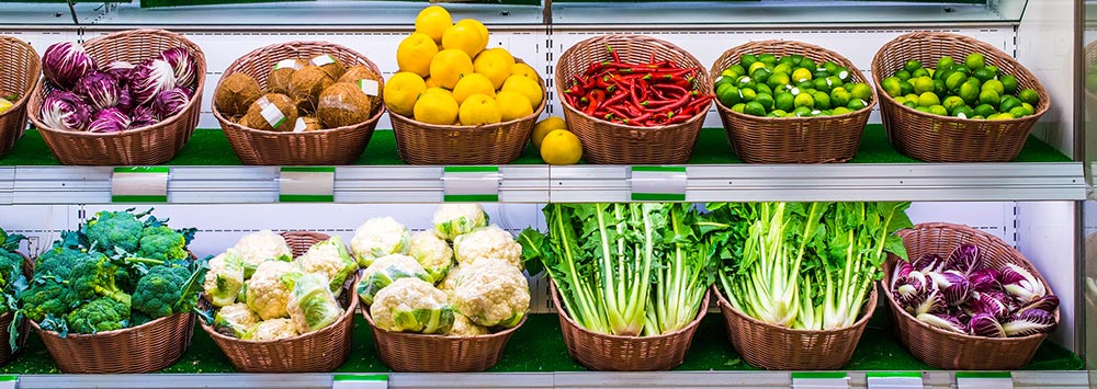 Fruit and vegetables displayed in baskets