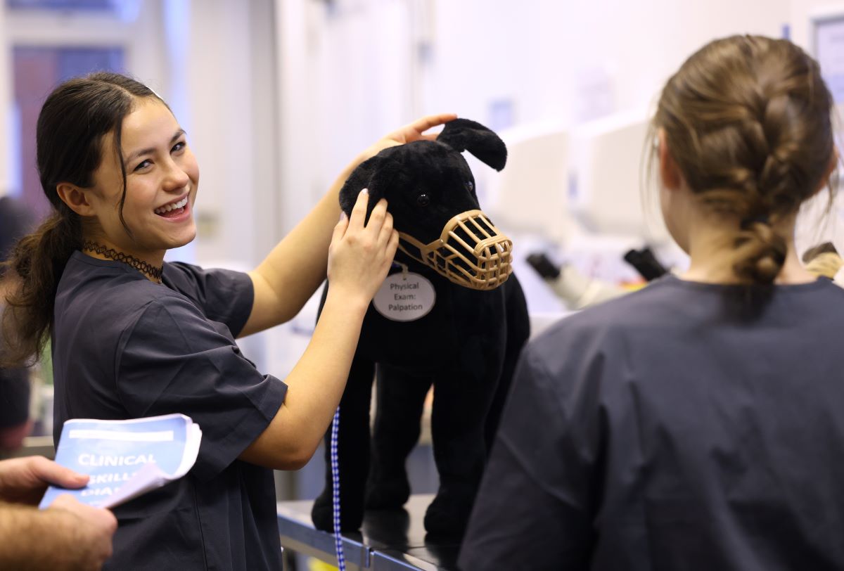Vet student holding a dog mannequin and smiling