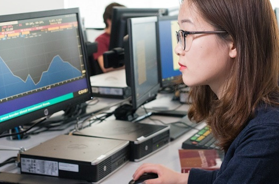 Economics student looking at data graphs on computer