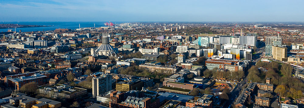 Aerial shot of University of Liverpool campus on a sunny day