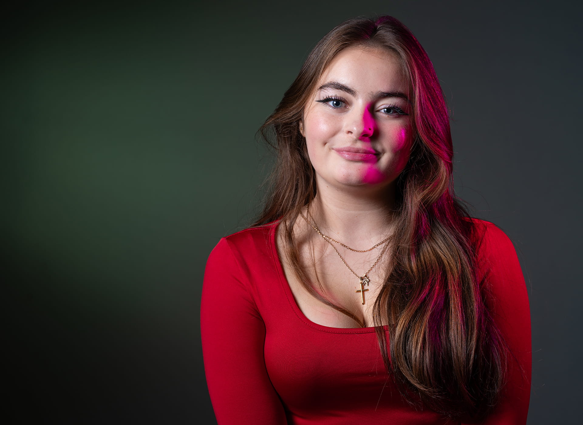Female student wearing a red top.