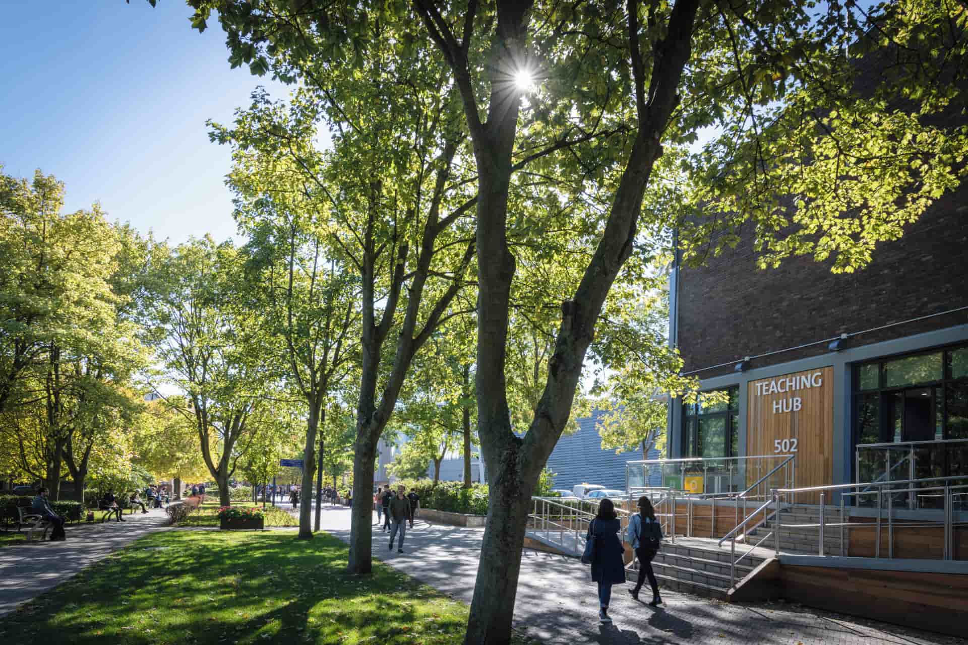 The teaching hub has people walking down a path in front of it on a sunny day. Lots of trees, grass, and flowers are in the foreground.