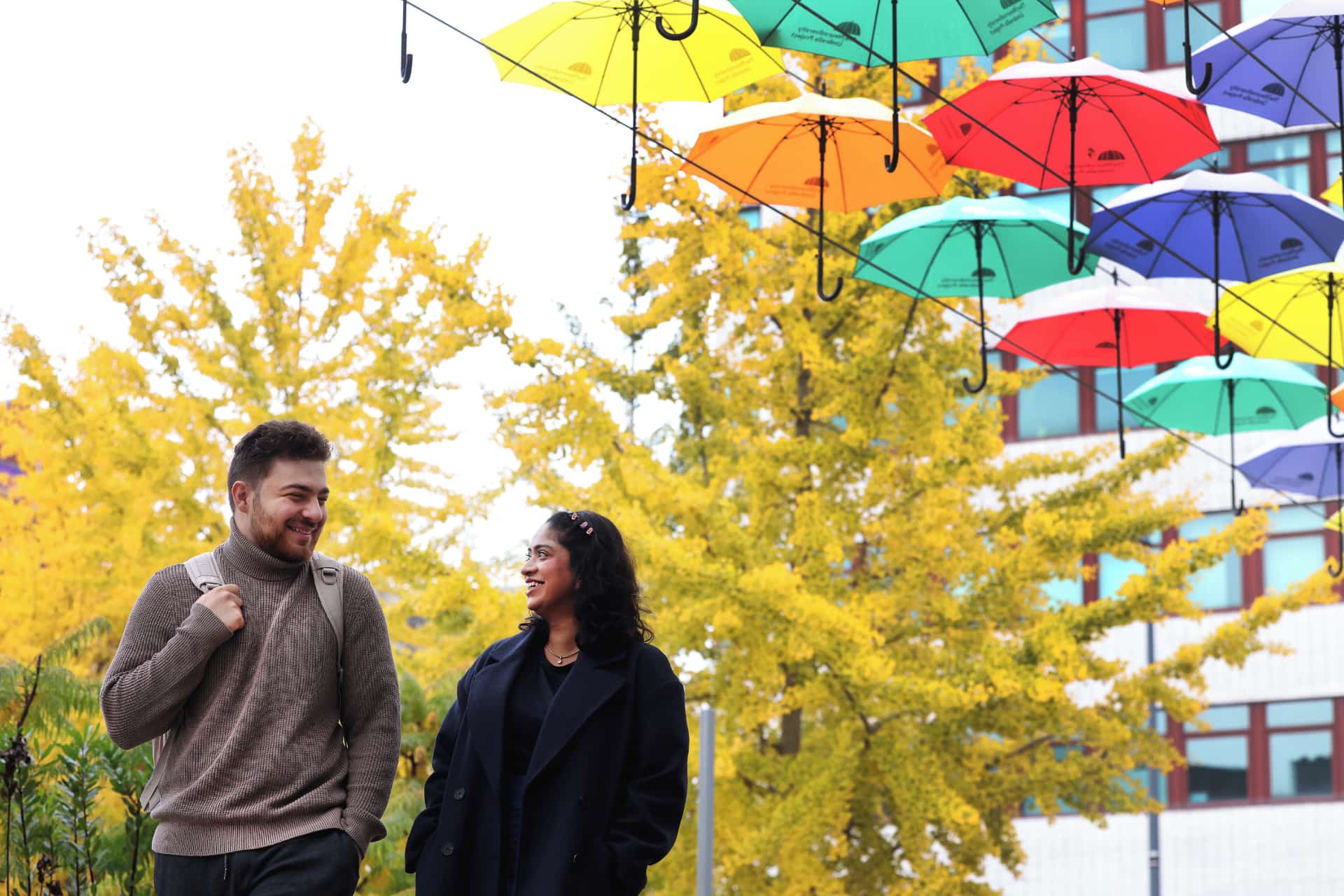 Two students walking on campus beneath the multicoloured umbrellas on campus.