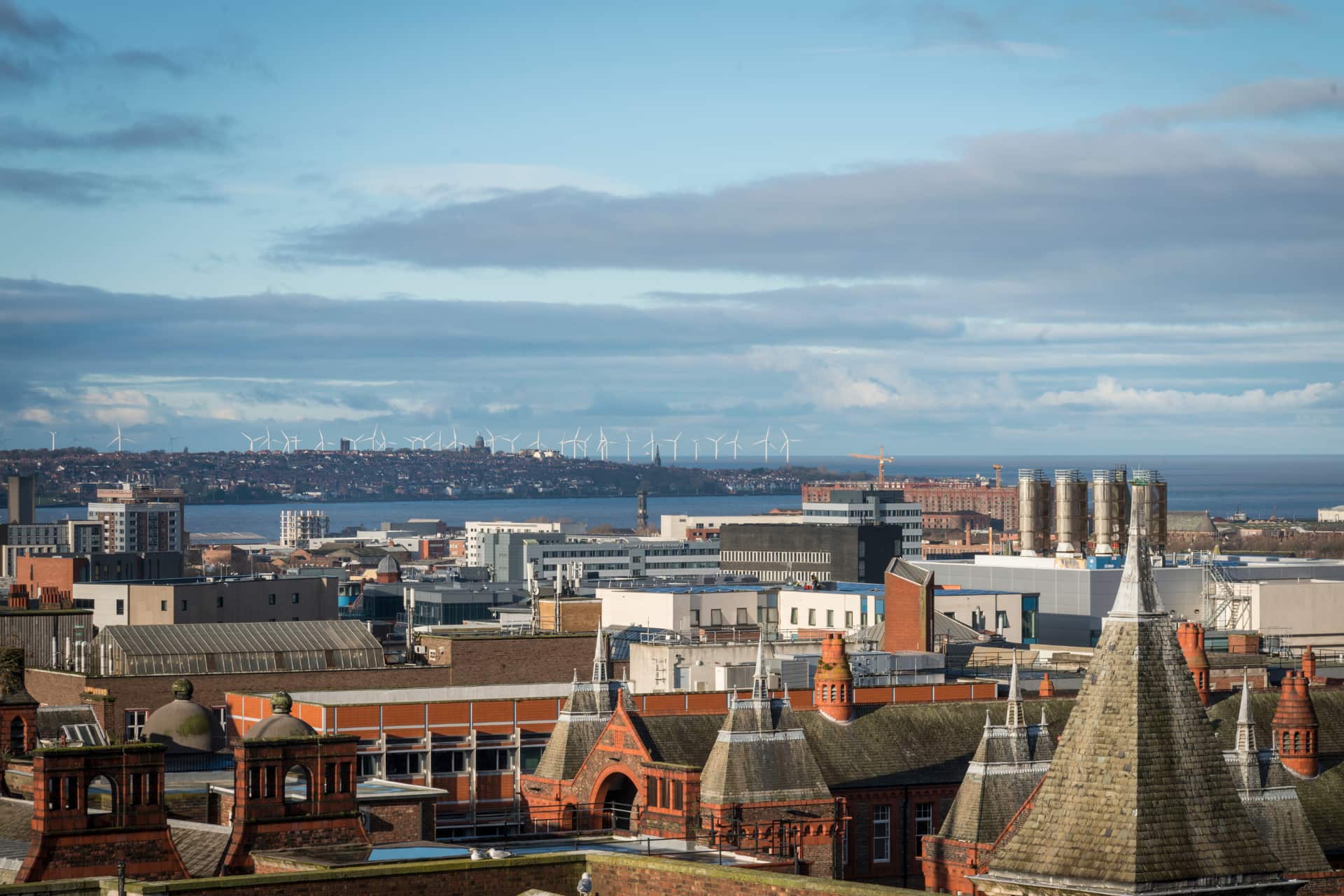 The rooftops of the University campus are in the foreground, in the background the Mersey river and wind turbines are visible.