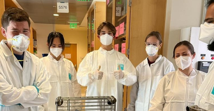 Group lab photo, left to right: Jacob (Lab assistant gaining experience), Jing (lab assistant, from UC Berkeley), George Carter, Laura (Visiting intern from Germany), Carolina (Visiting Fellow from Argentina) and Danyal (postdoc).