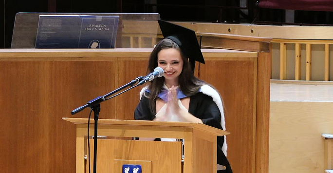 Ivana Kobakova delivering her graduation speech