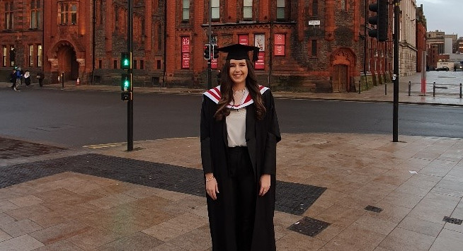 Rebecca Jensen in University Square after her MRes graduation ceremony