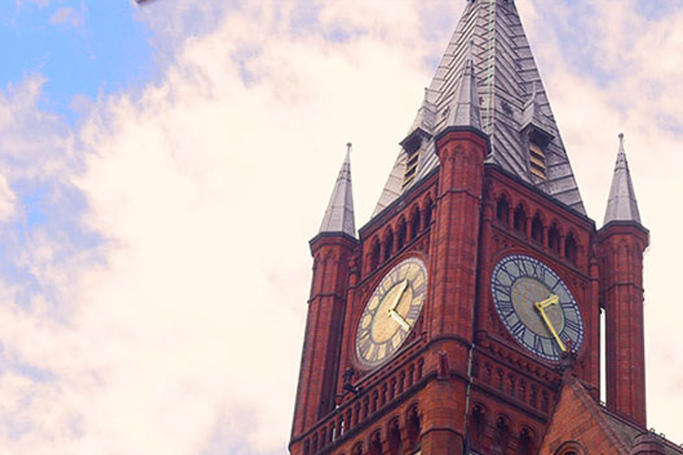 Close-up photograph of the Victoria Gallery and Museum clock tower