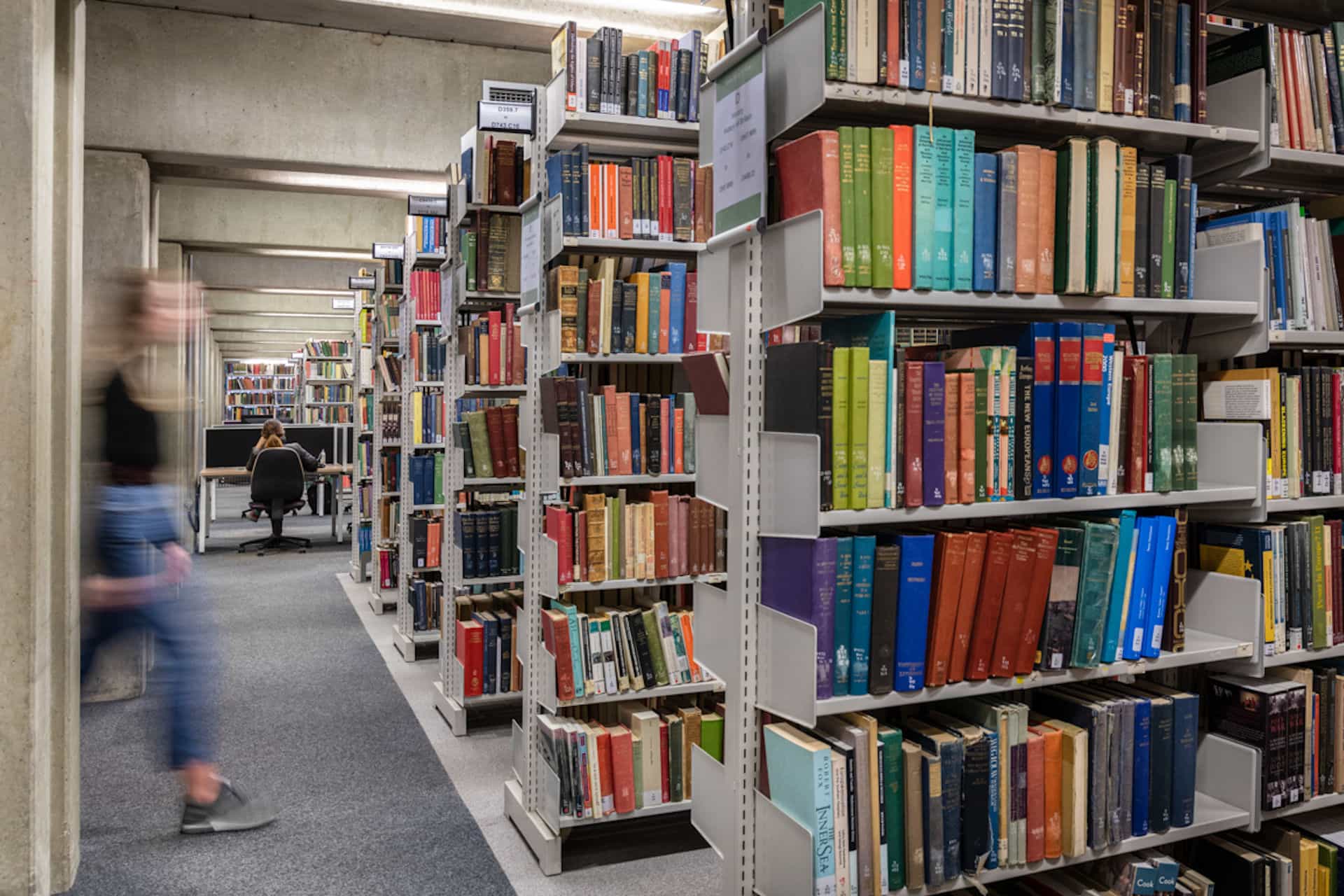 Colourful library bookshelves