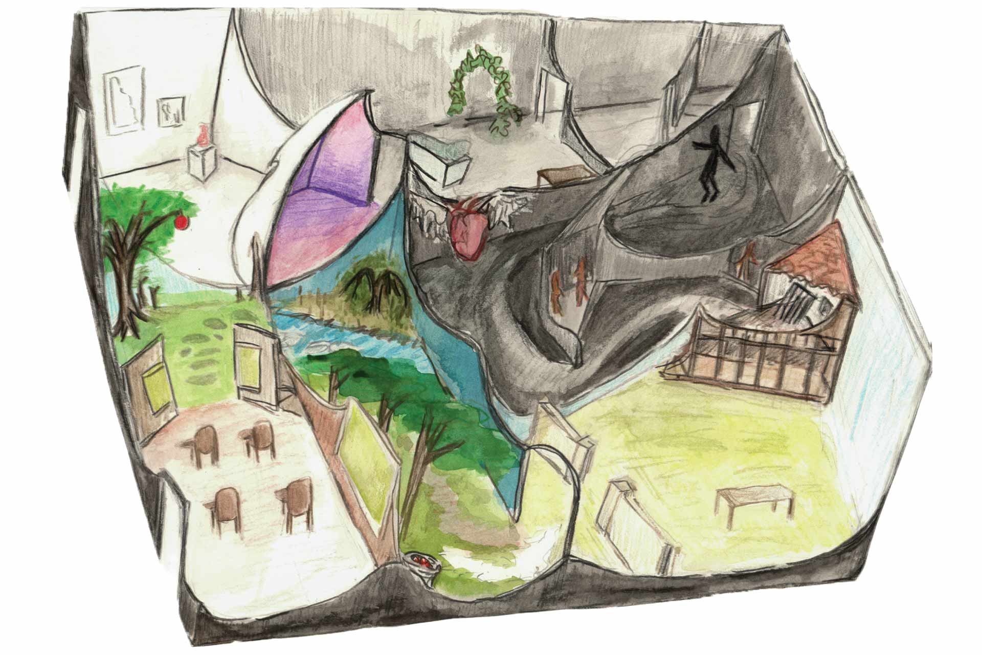 A detailed colourful illustration of a cross section of an art exhibition featuring several different rooms all connected to each other. In the bottom left is a room with chairs, leading onto a green room with a tree, leading into a white room, leading to a grey room, leading to a dark spooky room. There is another room in the bottom right hand corner with yellow flooring and a single table.