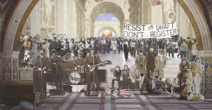Collage of well known Liverpool personalities inside a gothic structure.