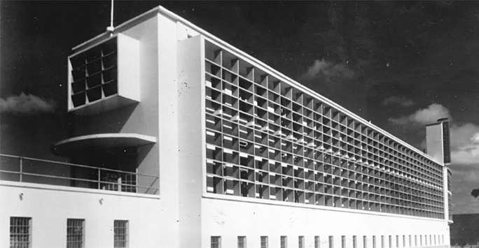 A modernist concrete office block in the 1930s.