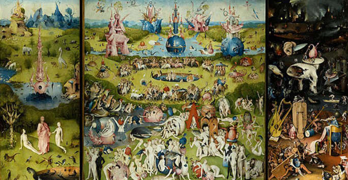 Renaissance painting illustrating an artists very unique vision of the garden of Earthy delights.
