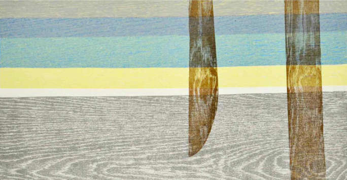 Abstract painting featuring horizontal abstract strips of colour with a wood grain embossed into them. Two semi-transparent wooden bars are overlayed to the right of the image.