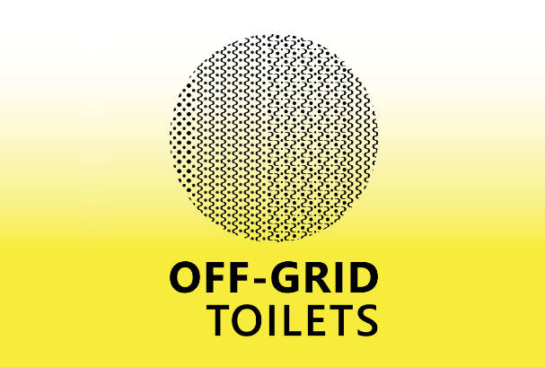 Circle with abstract pattern inside representing different types of water flow. Underneath is the text Off-Grid Toilets.